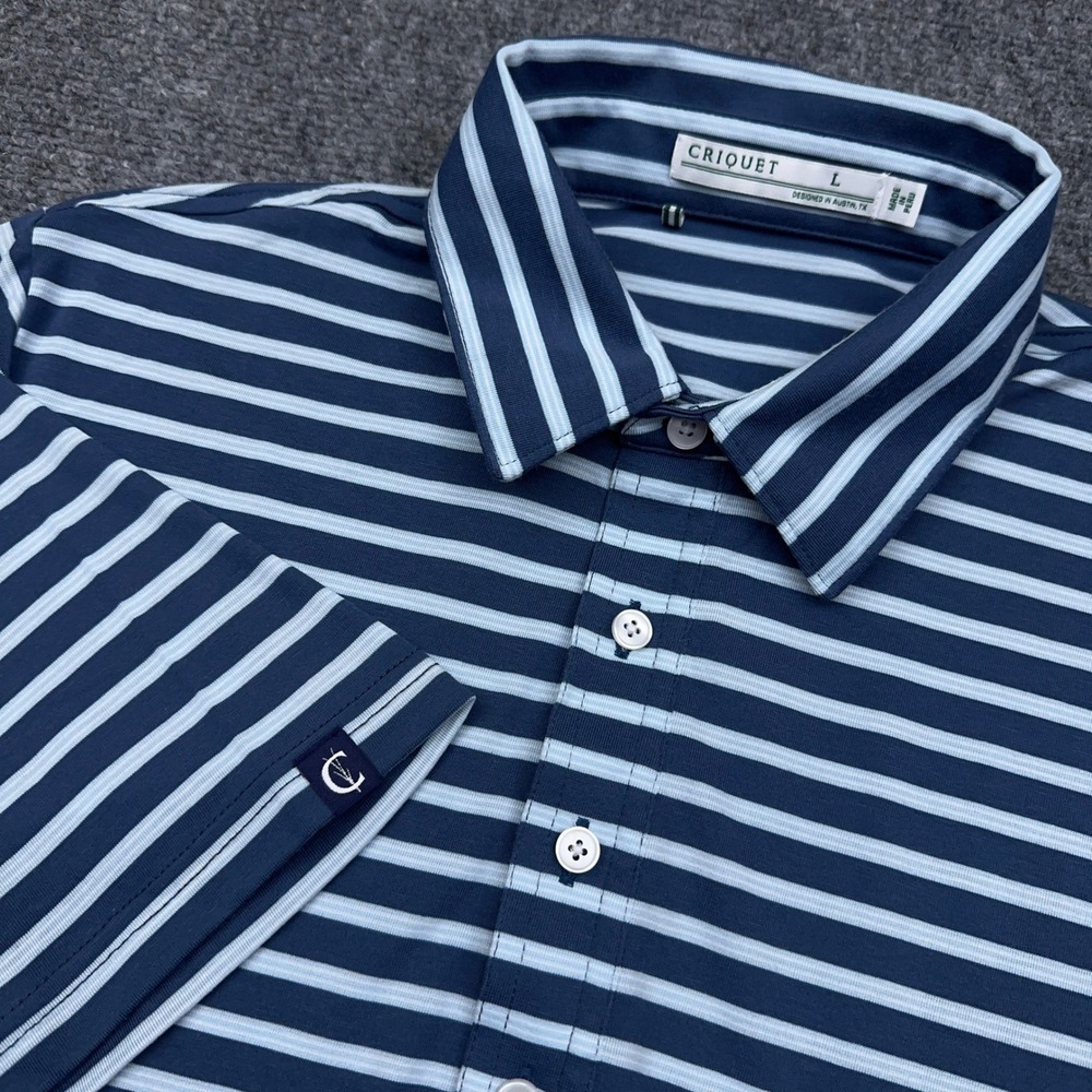 Criquet Top-Shelf Players Polo Shirt Mens Large Bluebonnet Microstripe Striped